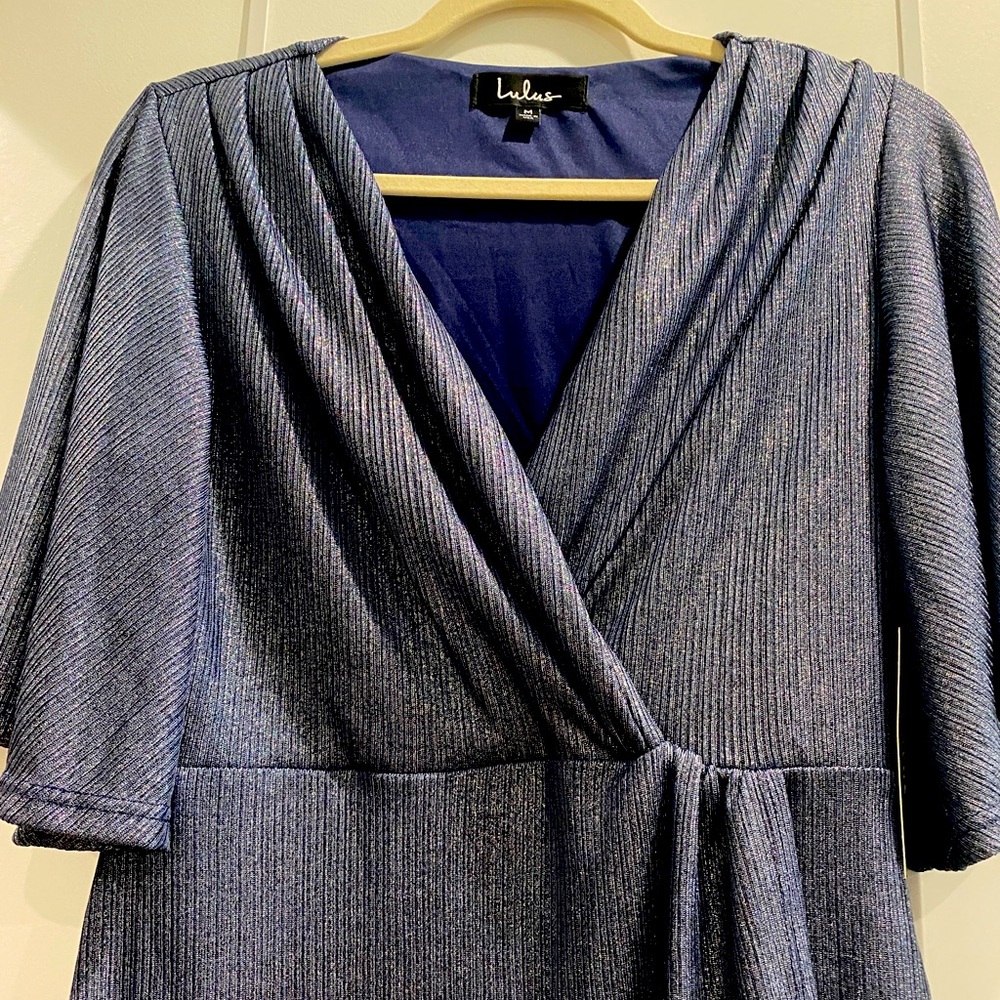 NWT Lulus Blue Shimmering Gathered V-neck Dress